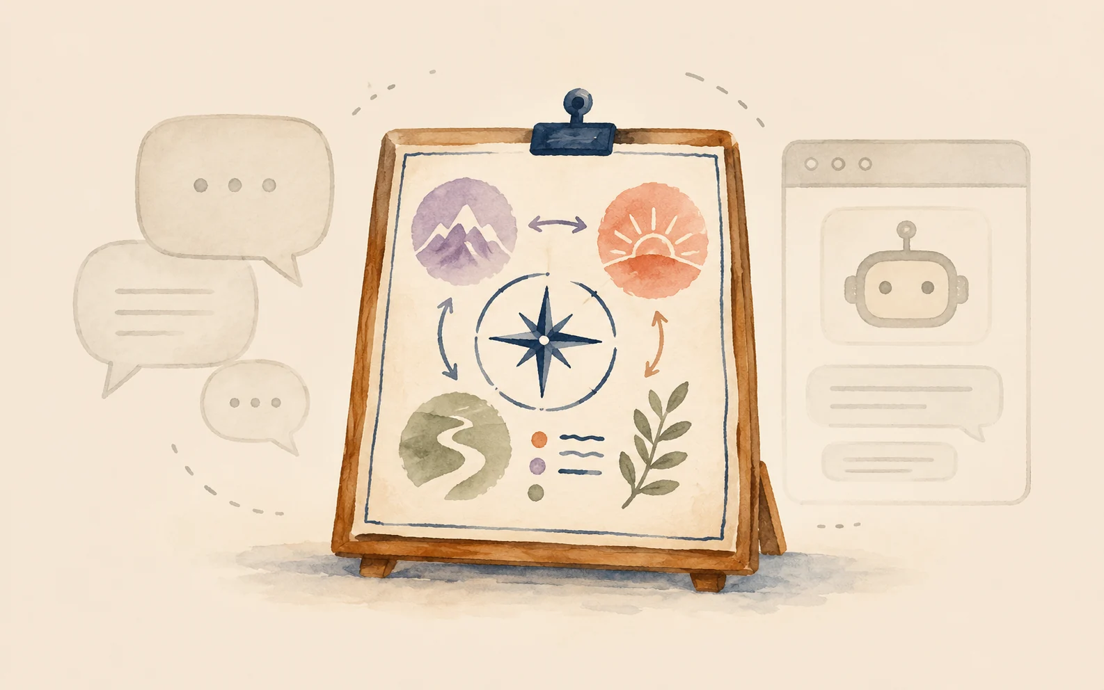 A vivid visual coaching board on an easel standing out beside greyed-out verbal-only speech bubbles and an AI chatbot.