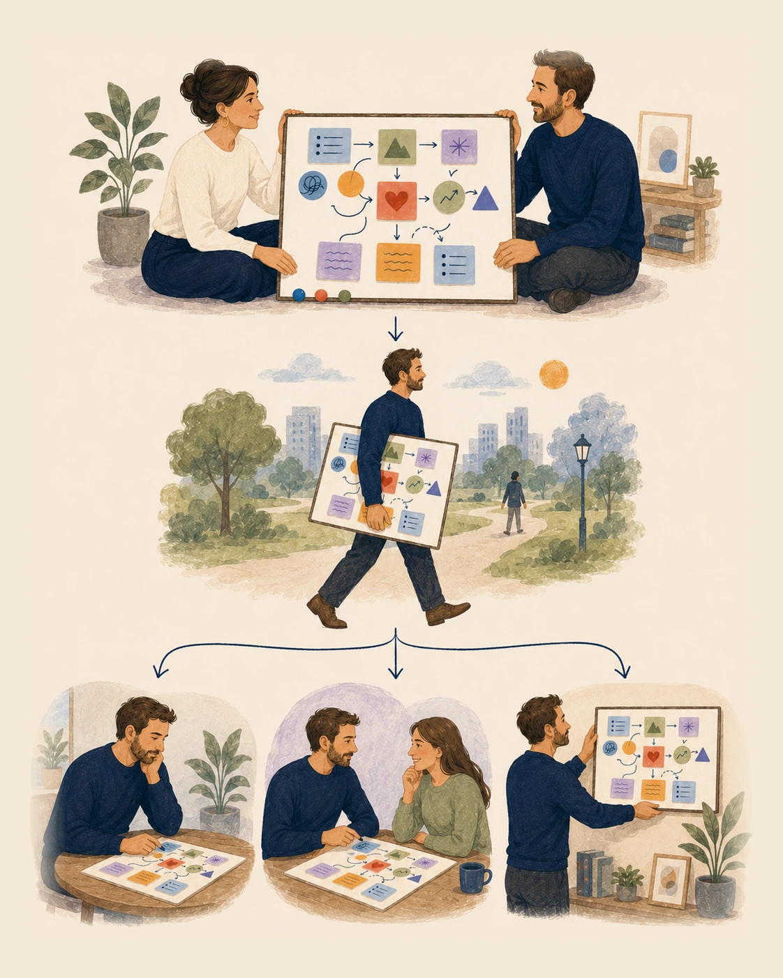 A client taking a completed visual model from the coaching session and using it in several areas of life.