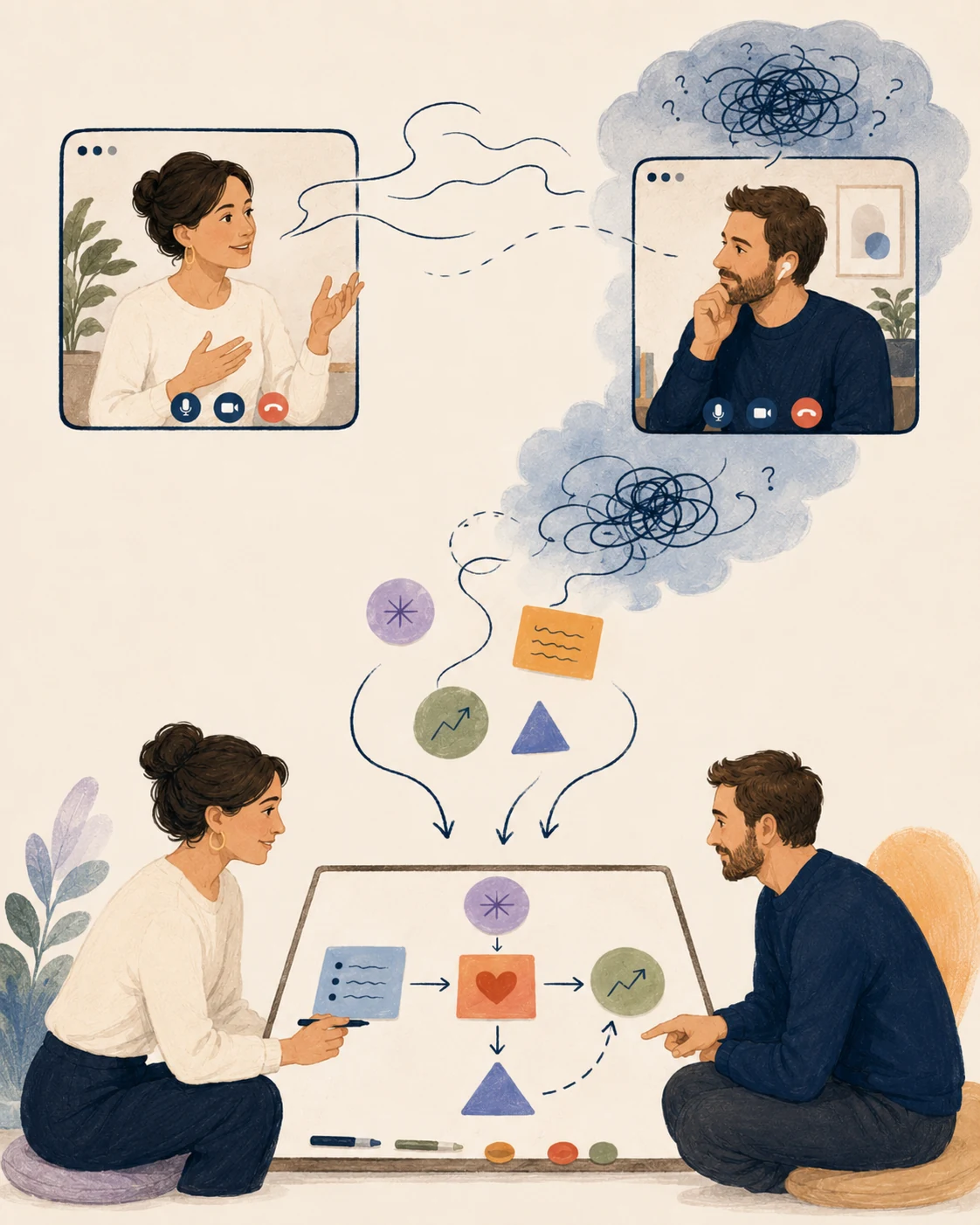 Female coach and male client moving from verbal conversation to a shared visual coaching board.