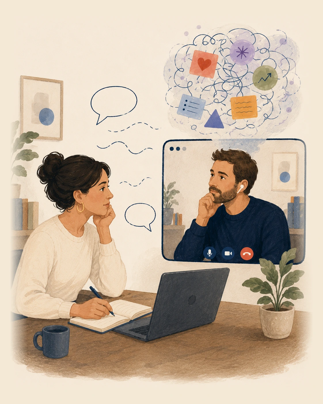 A female coach and male client experiencing the limits of a conversation without a shared visual space.