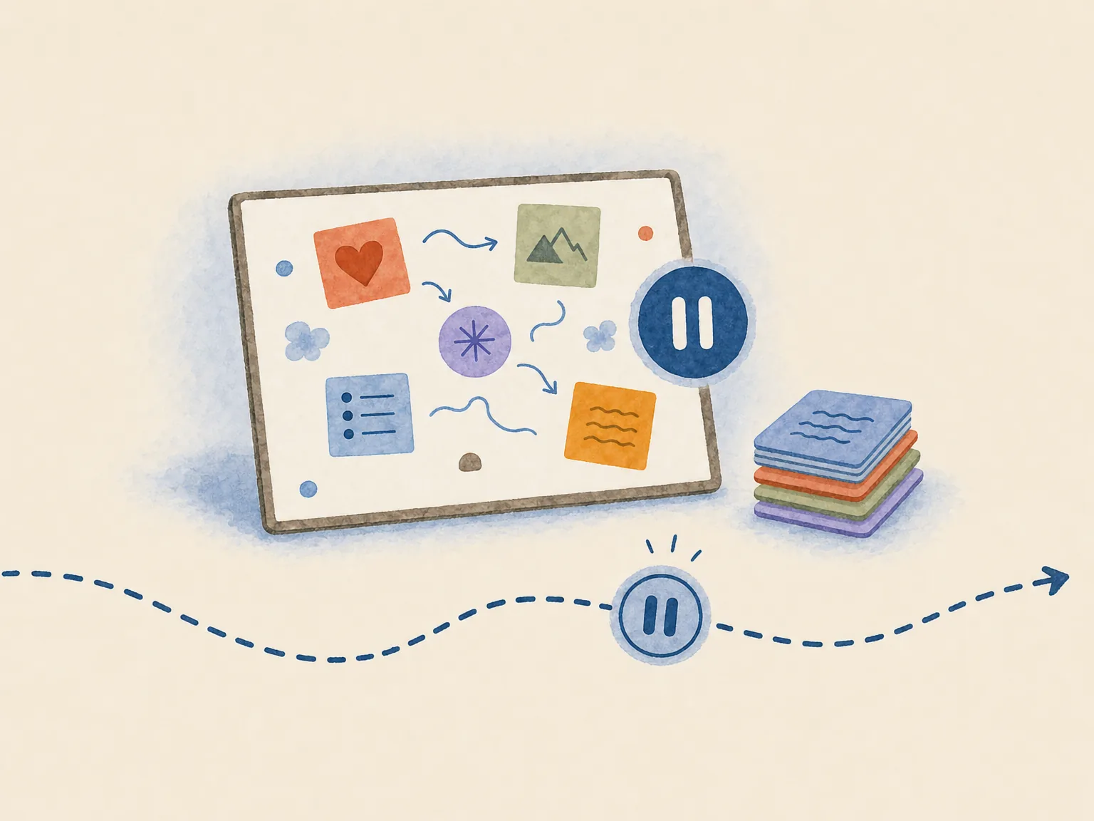 A coaching board of progress held safe with a pause symbol, card decks kept ready, and a dashed path that pauses and then resumes.