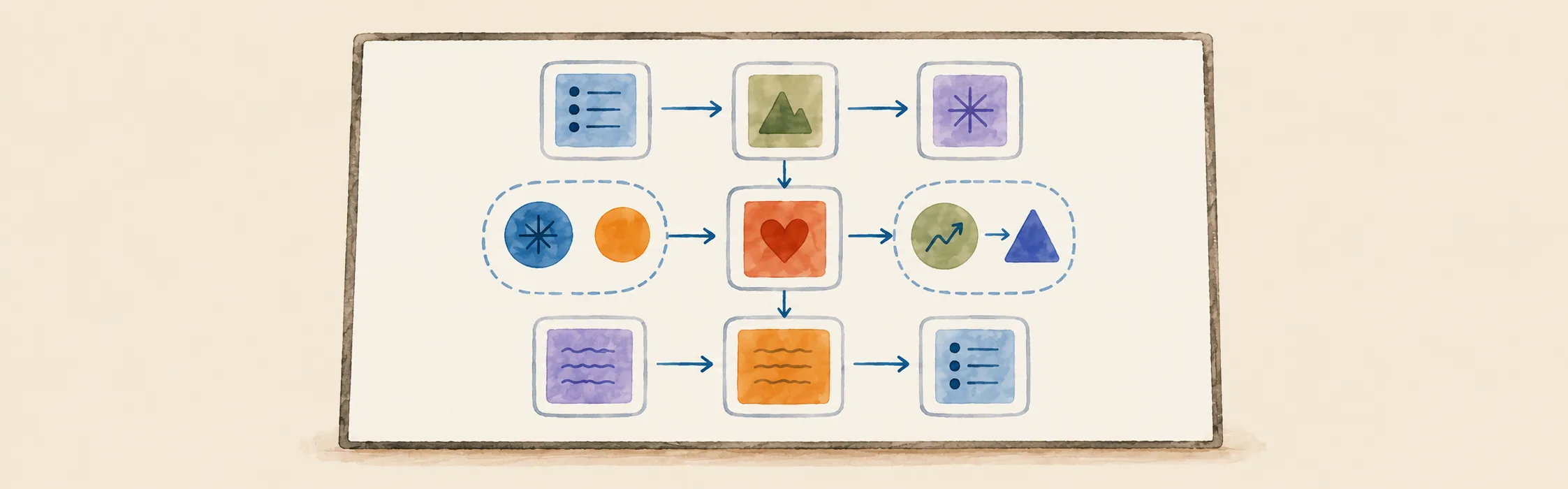The same board reorganised into a clear structure of linked elements.