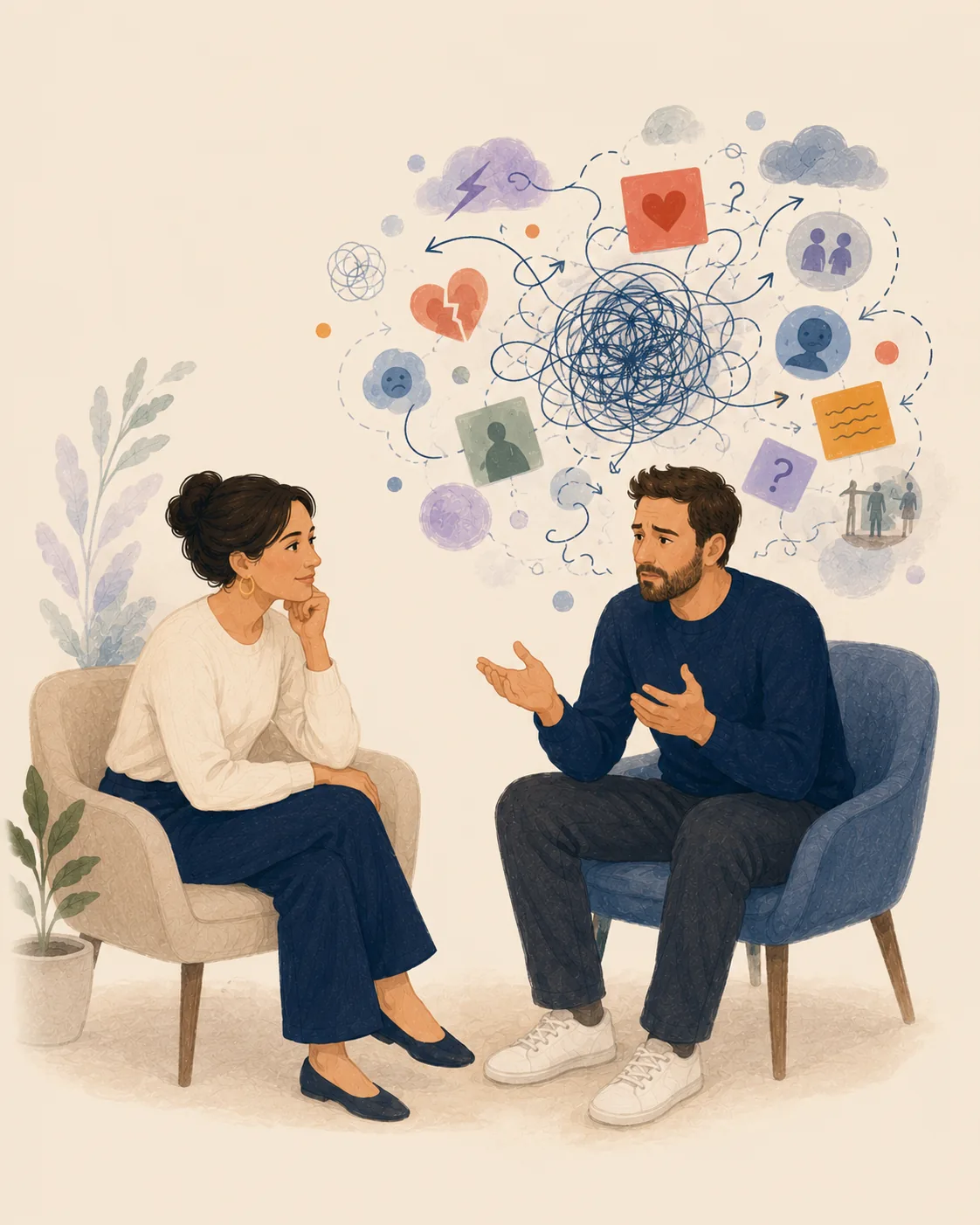 A female coach listening while a male client struggles to express tangled thoughts, emotions and relationships.